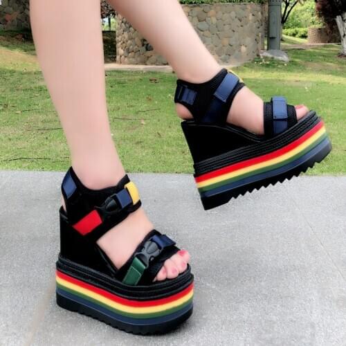 OLOMLB 14CM Heel Womens Peep Toe Rainbow Colors Platform Wedge High Heels Slipper Sandals Summer Belt Buckle Shoes New 2020