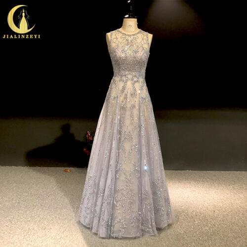Rhine real Pictures Luxurious Beads Crystal Sexy Grey Floor length vestido de noiva robe de soiree arabic evening dresses long
