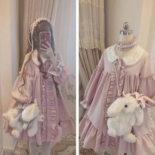 Chic lolita long sleeves cardigan dress women casual pink kawaii clothes loli clothes Elegant Sweet