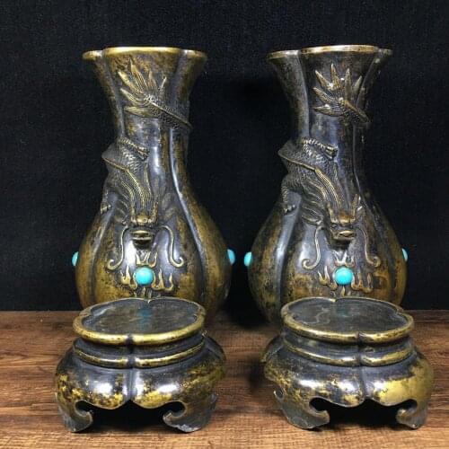 10" Tibet Buddhism Temple Old bronze Set with gems Chinese dragon statue vase Double Dragon Vase Collection vase A pair