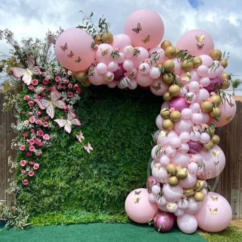 124PCS Macaron Pink Butterfly Balloon Garland Kit Chrome Gold Globos Baby Shower Wedding Party Decor Kids Birthday Decoration