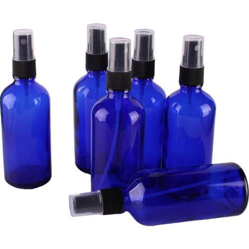 6pcs 100ml Cobalt Blue Glass Spray Bottle w/ Black Fine Mist Sprayer essential oil bottles empty cosmetic containers