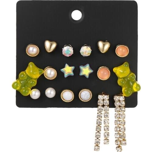 9 pairs/set trendy small mixed heart star animal bear stud earrings for women girl fashion rhinestone pearl bridal party earring