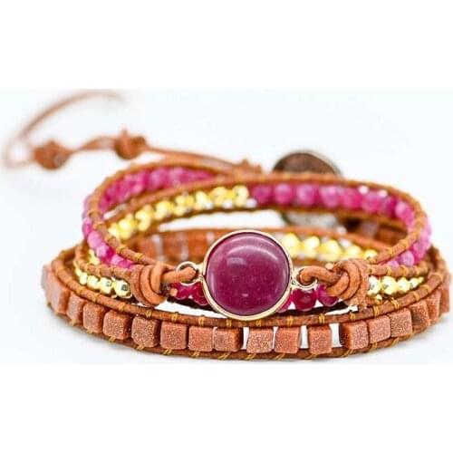 Ruby Natural Stone Bracelets Rounded 3 Strands Emperor Heal Wrap Bracelets Bohemia Handmade