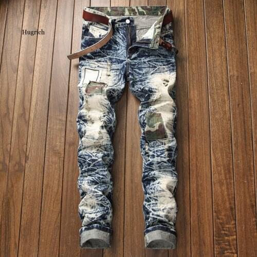 Men Denim Trousers Ripped Holes Slim Straight Zipper Jeans Pants European American Style Famous Brand Men Fashion Sticking Cloth