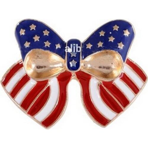 New rhodium color 48mm high quality rhinestone enamel metal bowknot American Flag Pin Brooch or hair barrette for lady 6x