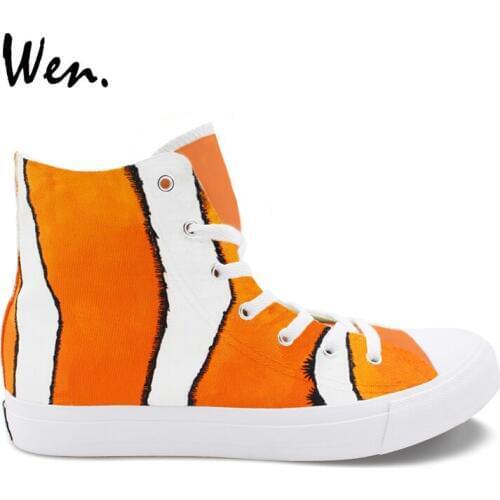Wen Design Marine Animal Clownfish Hand Painted Canvas Sneakers Unisex High Top Trainers Shoes for Outdoor Skateboarding Sport