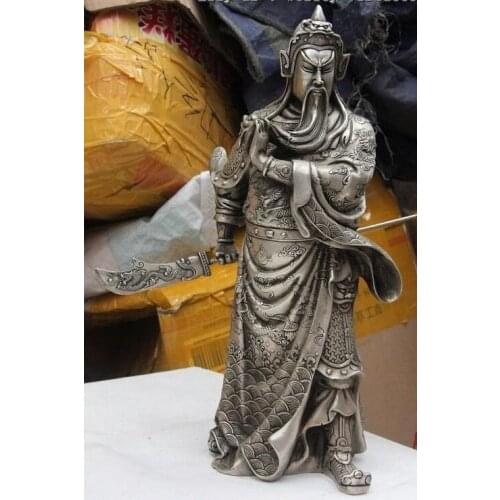 China Folk White Copper Silver Nine Dragon Stand GuanGong GuanYu Warrior Statue