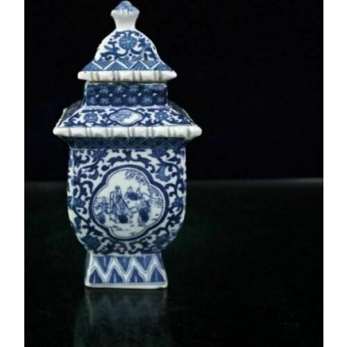 Chinese Old Porcelain Blue and White Figure Patterned Square Tower Lid Jar Desk Decoration Home Collection Ornaments Bottles