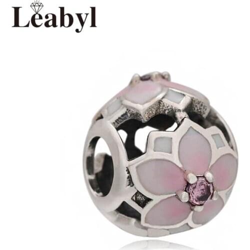Leabyl Classic Round Pink Cherry Flower Charm fit Bracelets Bangles