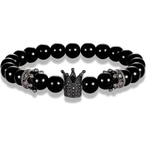 8mm crown gold silver copper cz zircon cubic zirconia beads bohemian Yoga Bracelet agate Onyx Stone Bangles rtg32