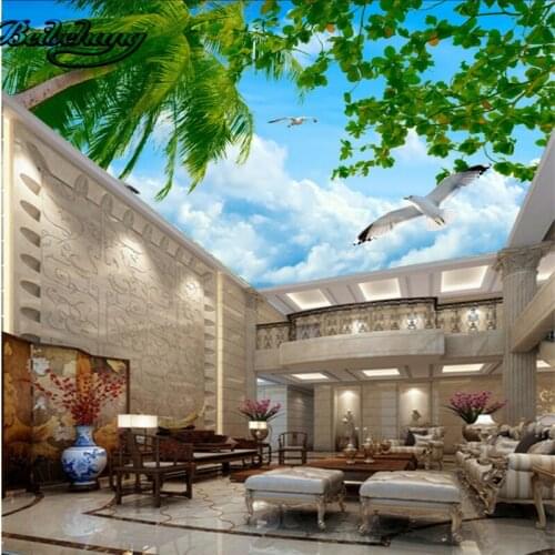 Beibehang Beautiful blue sky white clouds coconut trees seabirds ceiling roof fresco custom wallpaper mural decoration
