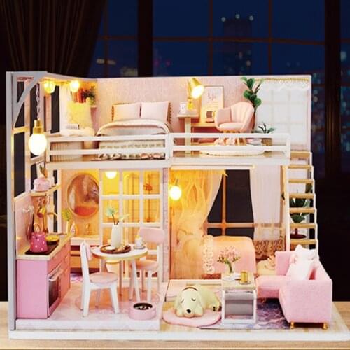 New Pink Warm Wooden Miniature Diy DollHouse maison Furniture Doll House Model Building Kit casa Toy For Kids Xmas Birthday Gift