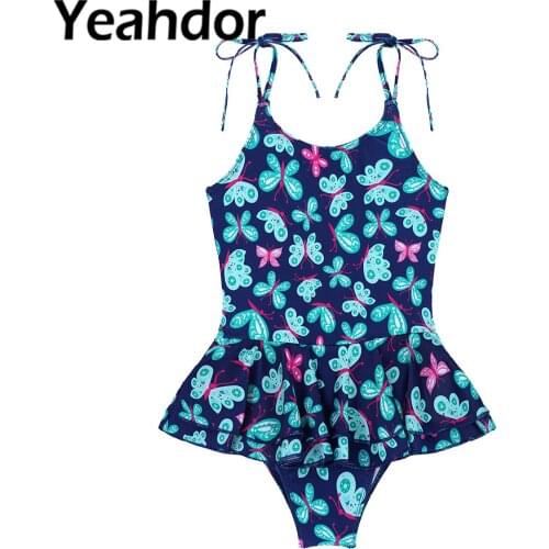 Kid Girls Swimwear Swimming Suit Beachwear Adjustable Self Tie Straps Swim Bodysuit with Ruffle Hem Skirt Beach Bathing Swimsuit