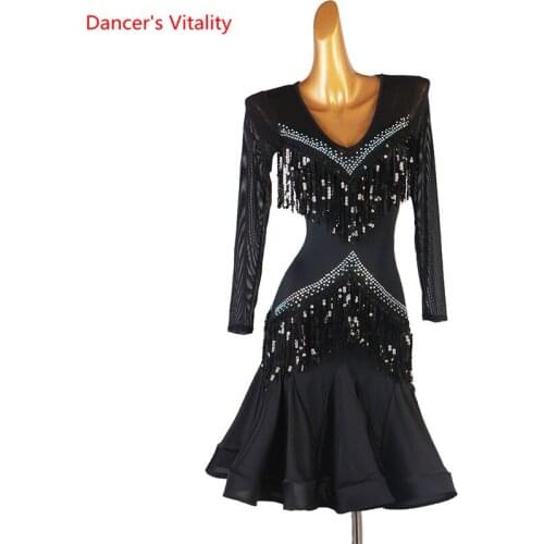 Latin Dance Dress V-Neck Mesh Sequins Skirt Profession Clothes tango Performance Custom Female Adult Child Competition Clothing
