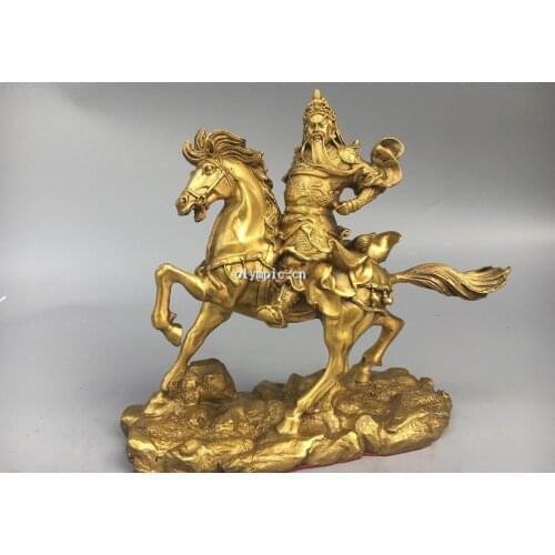 9'' Classica Brass carved chinese folk Martial god Guan Gong ride a horse statue