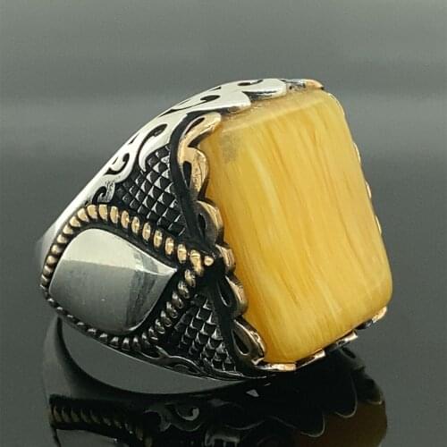 Men Silver Ring , Honey Amber Stone Ring , Embroidered Ring , Turkısh Handmade Ottoman Style Ring , 925k Sterling Silver Ring