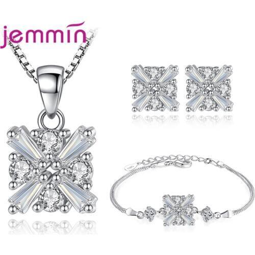 S925 Sterling Silver Square Set for Women Girls Theme Party Decoration Necklace Earring Bracelet Cubic Zirconia Set 3Pcs/Set