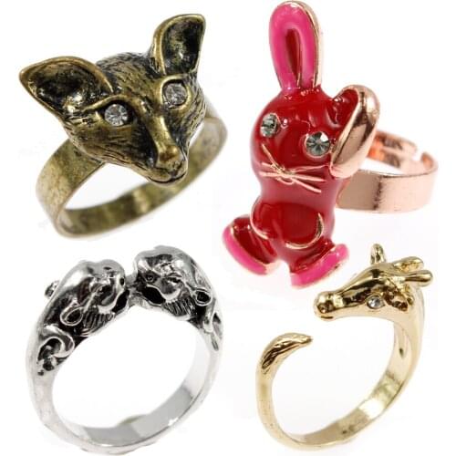 4 Pcs/set Fashion Vintage Cute Animal Rings For Women Girls Kids 3D Cartoon Lovely Rabbit Fox Giraffe Rings Set Party Gift