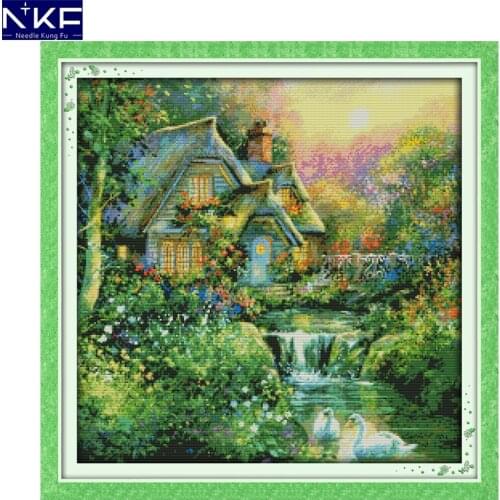NKF Country Cabin Chinese Cross Stitch Pattern 14CT 11CT DIY Kits Needlework Embroidery Cross Stitch Sets for Home Decor