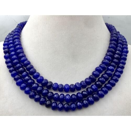 New Huge 5x8mm NATURAL Blue sapphire FACETED BEADS NECKLACE 3 Row 17-19