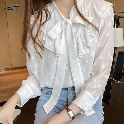 Autumn Loose Womens Blouse Bow Tie Ruffled Chiffon Shirt Blusas Mujer 2021 White Long-sleeved Solid Blouse Ladies 15784