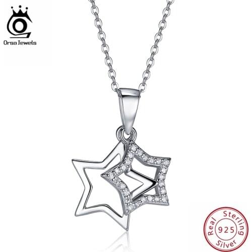 ORSA JEWELS 100% Real 925 Sterling Silver Pendants& Necklaces Shiny AAA Cubic Zircon Star Shape Women Fine Jewelry SN82