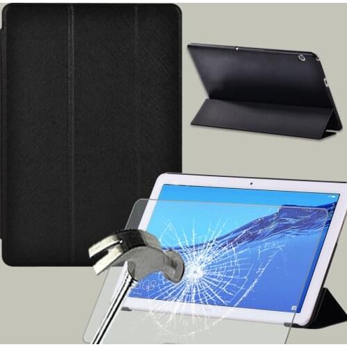 For Huawei MediaPad T3 10 9.6"/MediaPad T5 10 10.1" Anti-fall PU Leather Tablet Tri-fold Folding Stand Case+Tempered Film+Stylus