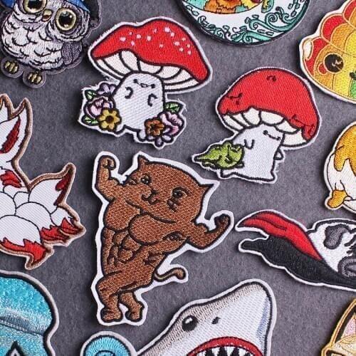 Embroidered Patches For Clothing Cute Strong Cat Stripe Patch Mushroom Anime Patch Iron On Patches On Clothes Applique Sticker
