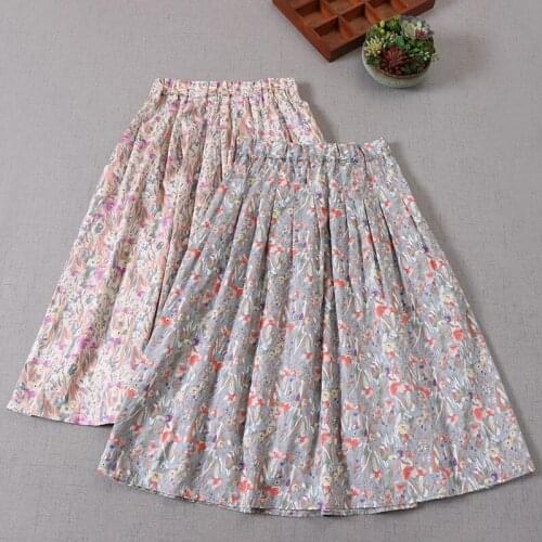 New Summer Women Cotton linen Print Skirt Loose Casual Elastic Waist A-line Women Skirts