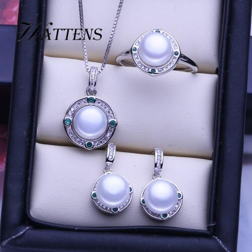 Pearl Jewelry Sets 925 Sterling Silver Green Crystal Natural Freshwater Pearl Earrings Necklace Ring For Women Accessory gift