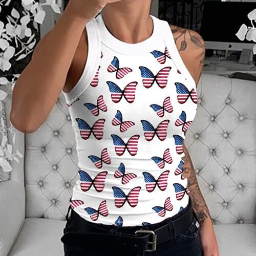 White Shirts For Ladies 2021 Summer Fashion Clothes Tops Womens Independerce Day Slim Round Neck Sleeveless Casual Tops Vest