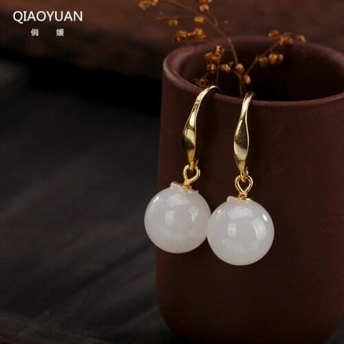 925 sterling silver earings jade earrings for women Costume jewelry Natural Hetian Jade Earrings Vintage white jade