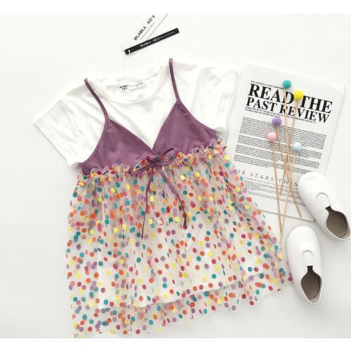Tonytaobaby Summer Cute Girls Color Point Mesh Mock Two-Piece Short-Sleeve Dress