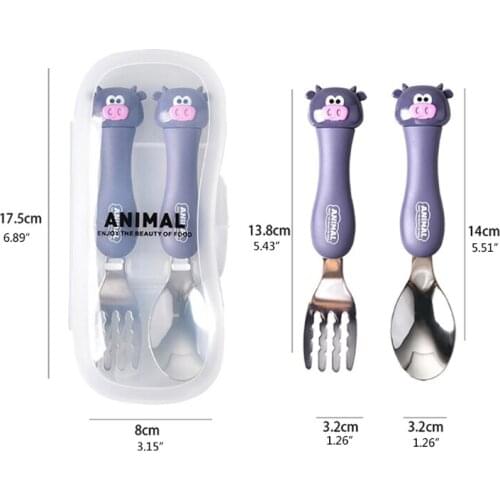 P31B 2 Pcs Cartoon Cute Spoon Fork Set Stainless Steel Baby Tableware Training Learning Feeding Scoop Fork
