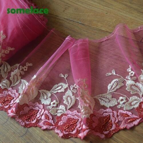 2Yd/lot 18cm Wide Pink Gazue Fluorescent red Floral Embroidery High Quality Lace Trim For Garments And Wedding Decorati