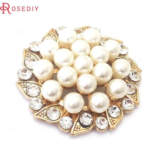 38853)6PCS 30MM Champagne Gold Color Zinc Alloy and Rhinestones with Plastic Pearl Beads Flower Jewelry Making Diy Accessories