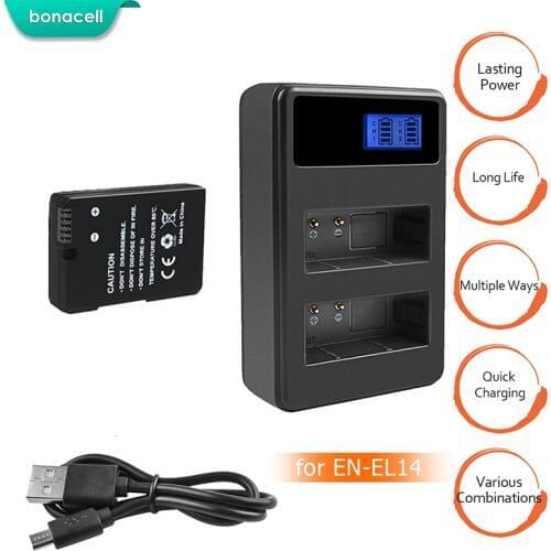 Bonacell 1500mAh for Nikon EN-EL14 EN-EL14A Battery Bateria + LCD Dual Charger D3100 D3200 D3300 D5100 D5200