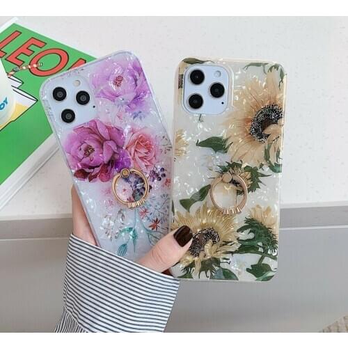Luxury Flower Glossy Shockproof Soft TPU Bracket Phone Case For iPhone 11 Pro XS Max XR 12 mini 7 8 Plus With Finger Ring Cover