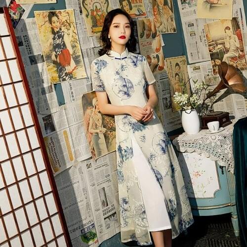 Cheongsam Qipao Modern Dress for Women 2021 Chinese Style High-waist 4xl Dress Sexy Chiffon Embroidery Dresses Plus Size Party