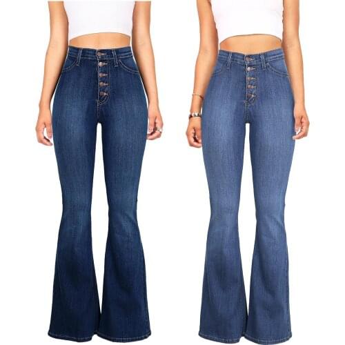 Women Autumn Elastic Plus Loose Denim Pocket Button High Waist Jeans new Pocket Button Casual Boot Cut Pant Jeans jeans