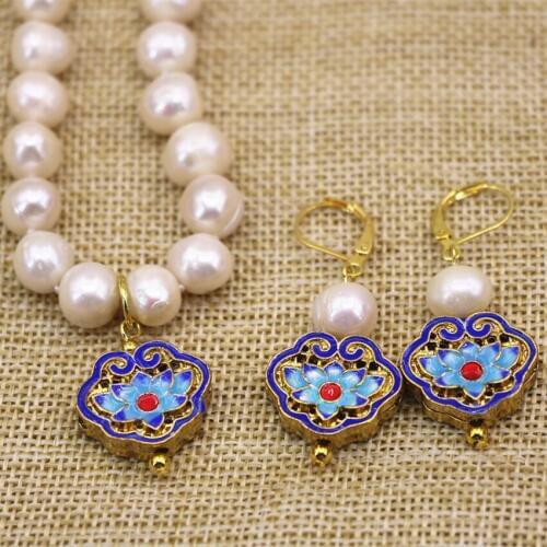 Elegant Natural White 9-10mm Freshwater Pearl Beads Necklace Earrings Women Gold-color Cloisonne Diy Jewelry Sets 18inch B3113