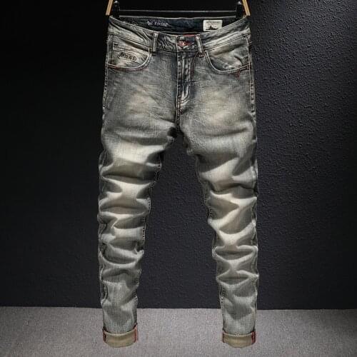 European Vintage Fashion Men Jeans Retro Yellow Distressed Wash Elastic Cotton Slim Jeans Men Embroidery Designer Denim Pants