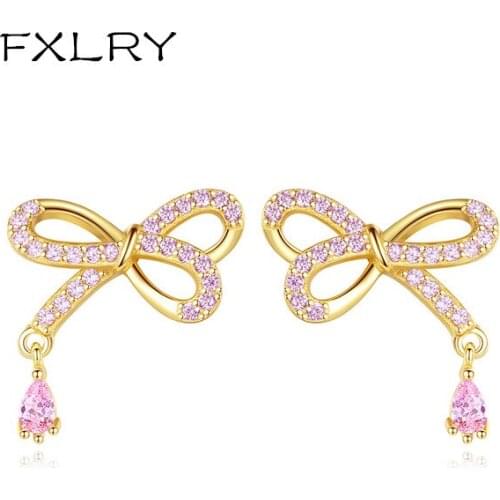 FXLRY Elegant Micro-inlaid Zircon Stud Earrings Women Cute Bow Knot Pink Water Drop Crystal Dating Jewelry