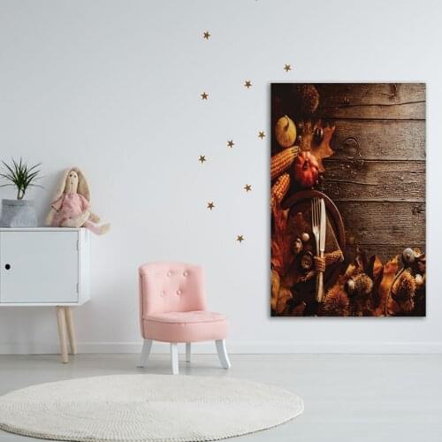 Tapestry Thanksgiving Dinner Table Leaves Pumpkin Corn 6chestnuts Plate and Cutlery Autumn Theme Photo Brown