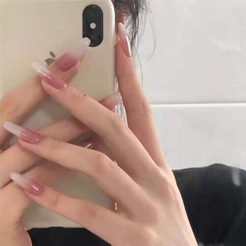 24PCS/box artificial nails with glue Milky white pink Gradients long Ballet Nail stick fake nail tips full cover acrylic