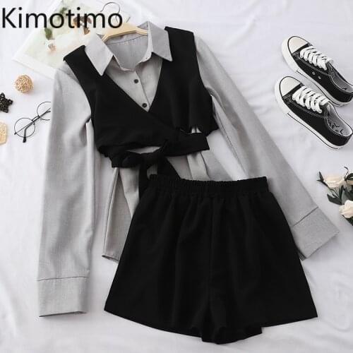 Kimotimo 3 Piece Outfits for Women Long Sleeve White Blouse Shirt Crop Vest Tops High Waist Shorts Elegant Casual Women Set