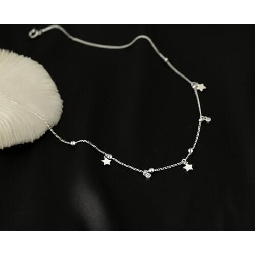 925 Sterling Silver Crystal Star Round Bead Charm Pendant Choker Necklace For Women Girls Statement Wedding Jewelry dz140