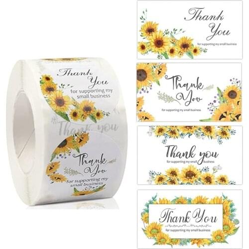 Sunflower Thank You Business Cards Sticker Labels Roll Customer Appreciation Kit