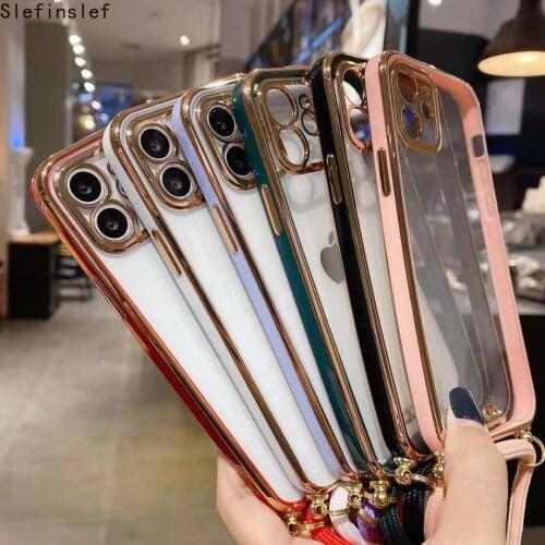 Plating Crossbody Clear Soft Phone Case for iPhone 12 Mini 11 Pro XS Max XR 7 8 Plus SE 2 Necklace Cord Chain Hanging Rope Cover